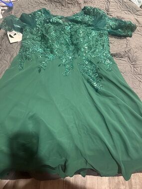 Emerald Green Embroidered A-Line Dress